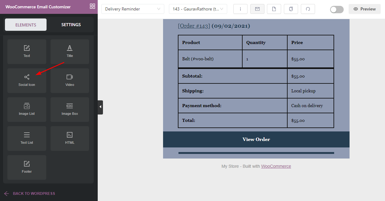 How to customize woocommerce order delivery pro email with Yaymail: Adding social icons 