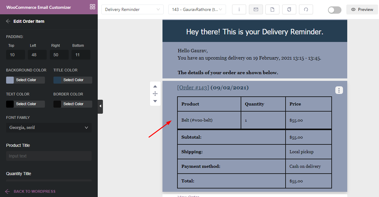 Woocommerce order email customization: changing the text that addresses customer