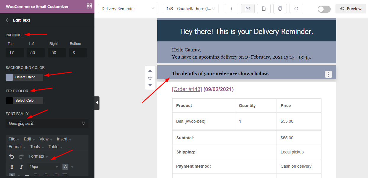 Woocommerce order email customization: changing the text that addresses customer