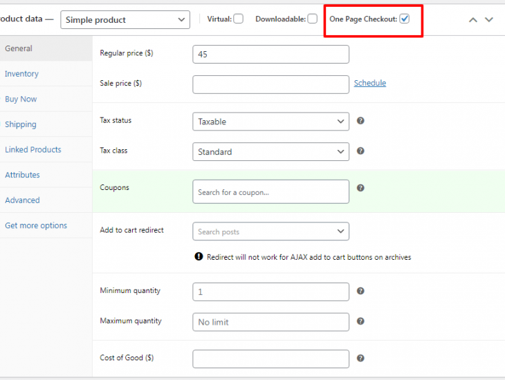 WooCommerce one page checkout option for simple product