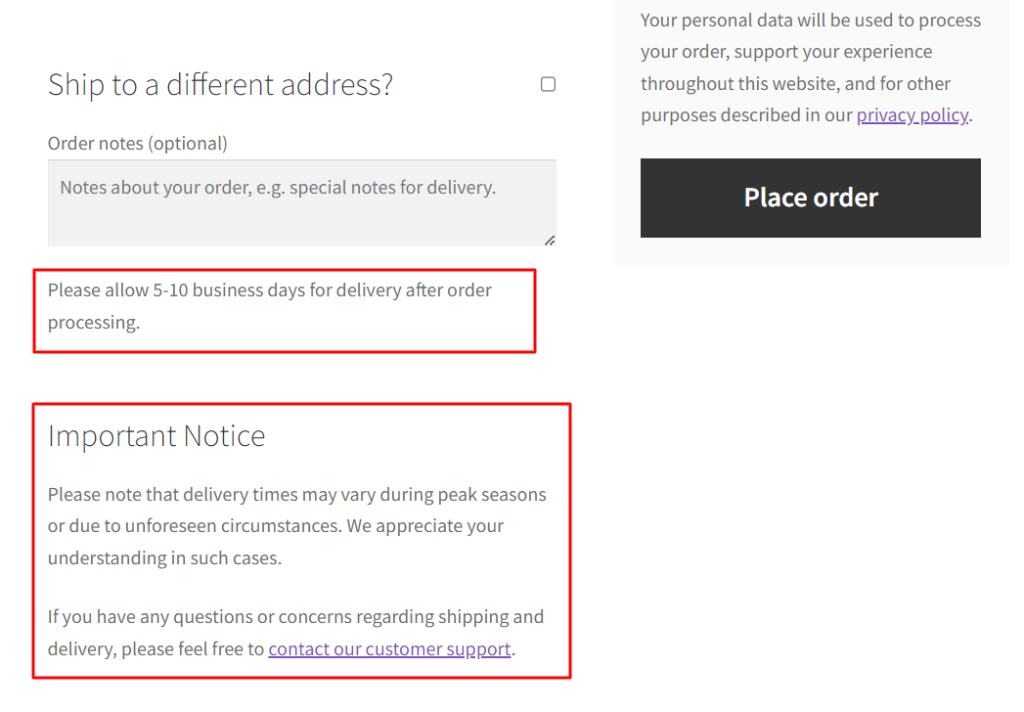 Add Shipping and Delivery Notices on the WooCommerce Checkout Page