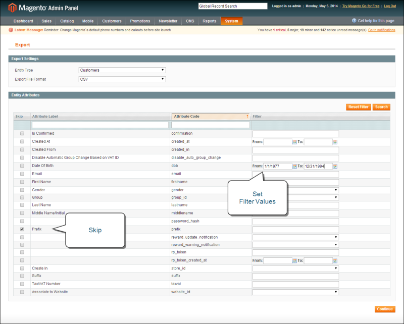 A screenshot showing how to export data from Magento 