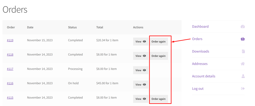 How to Add an 'Order Again' Button in WooCommerce