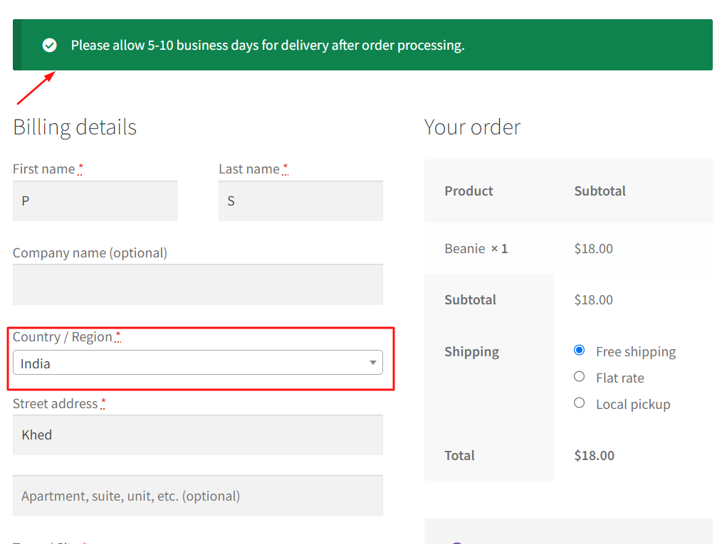 How to Show Custom Message in WooCommerce Checkout based on Shipping Country?