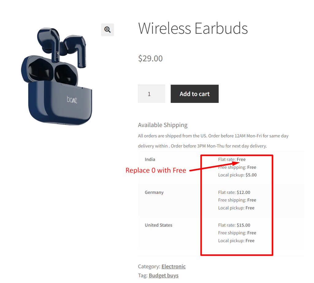 How to Replace '0' with 'FREE' for WooCommerce Shipping Rates on Single Product Page?