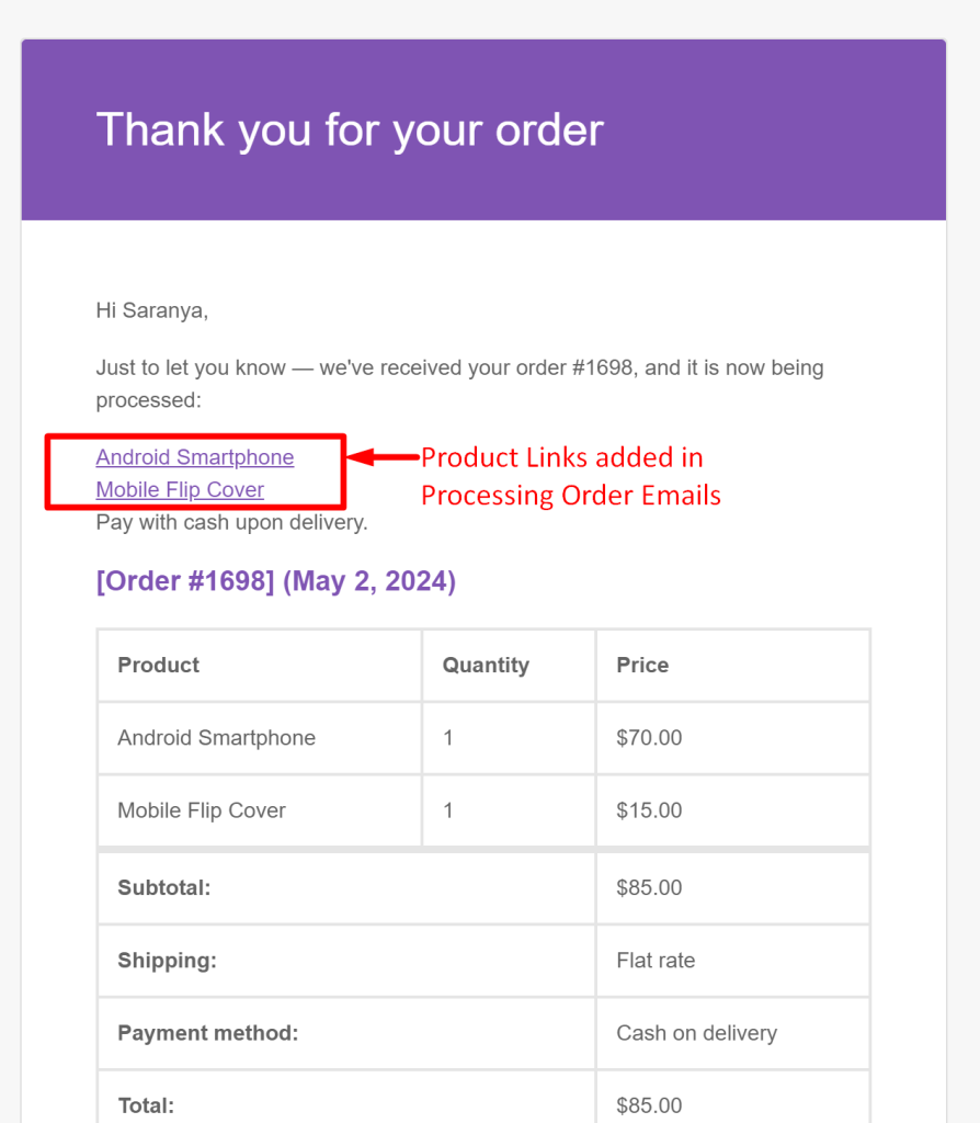 Add Product Link in WooCommerce Processing Order Email